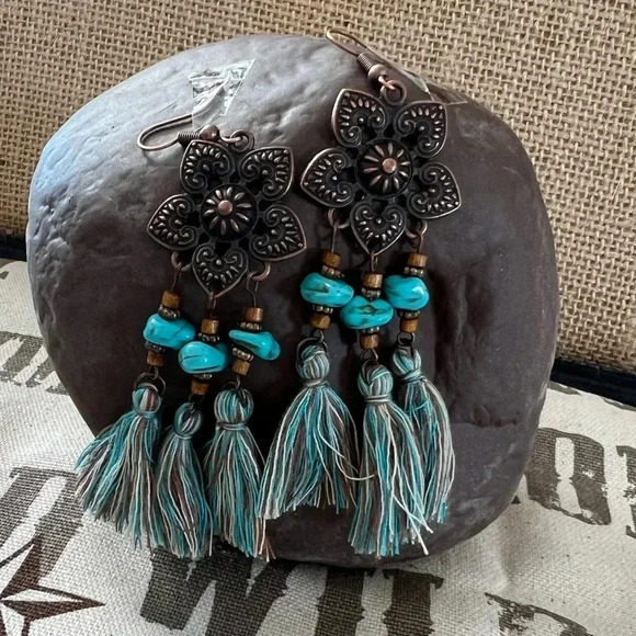 Earrings- floral bronze tassel dangle earring - Picture 1 of 4